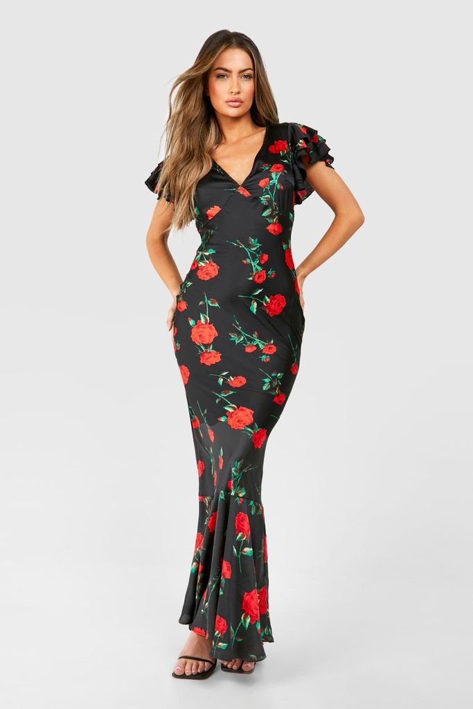 Womens Rose Print Frill Sleeve Maxi Dress - Black - 8, Black