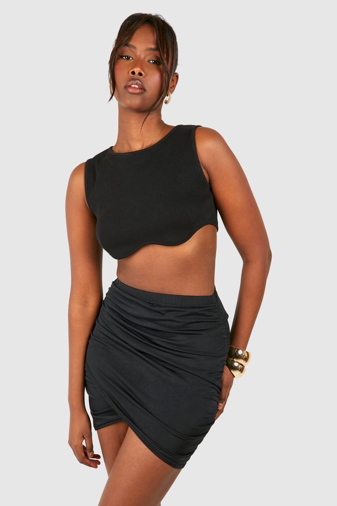 Womens Ruched Slinky Mini Skirt - Black - 6, Black