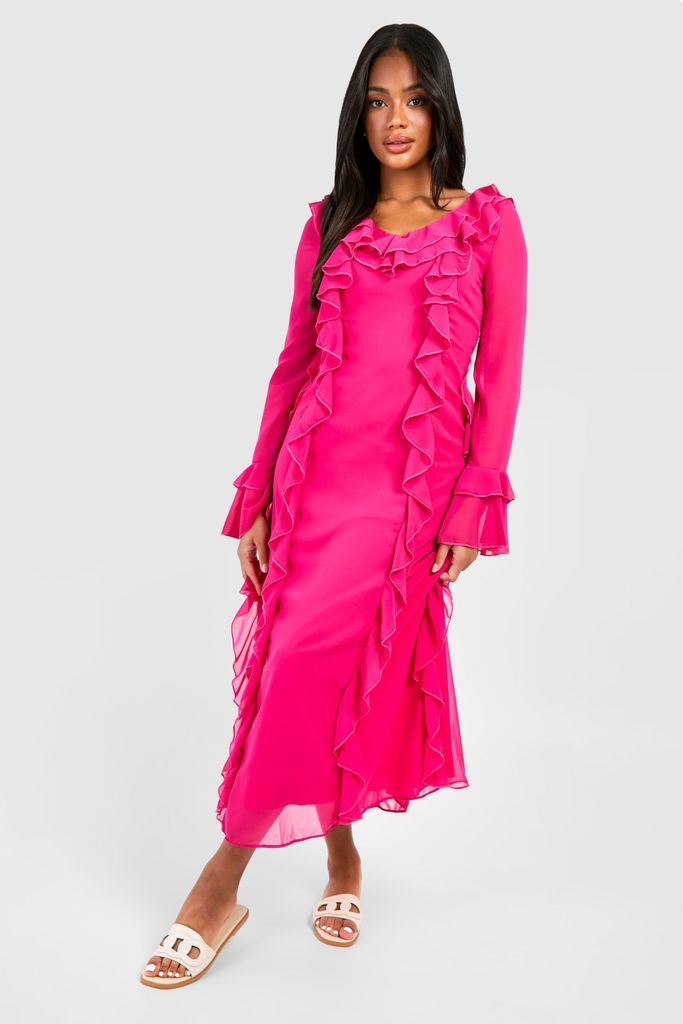 Womens Ruffle Detail Midaxi Dress - Pink - 8, Pink
