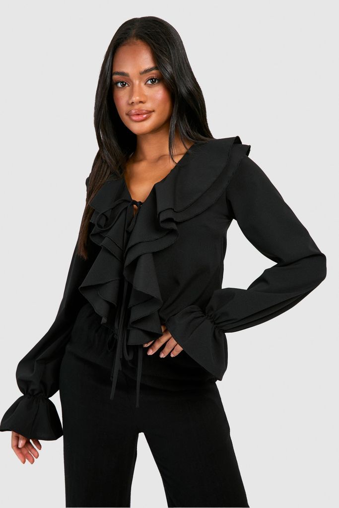 Womens Ruffle Tie Front Blouse - Black - 6, Black