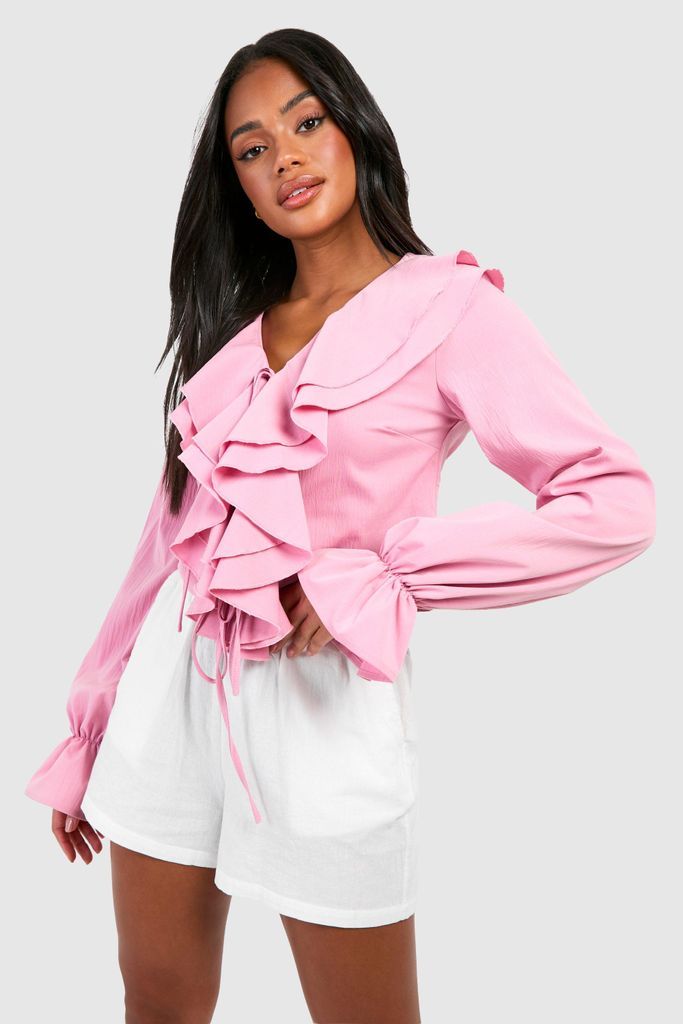 Womens Ruffle Tie Front Blouse - Pink - 6, Pink