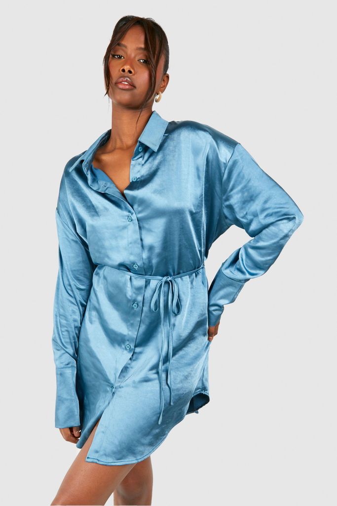 Womens Satin Cinched Waist Shoulder Pad Shirt Dress - Blue - 8, Blue
