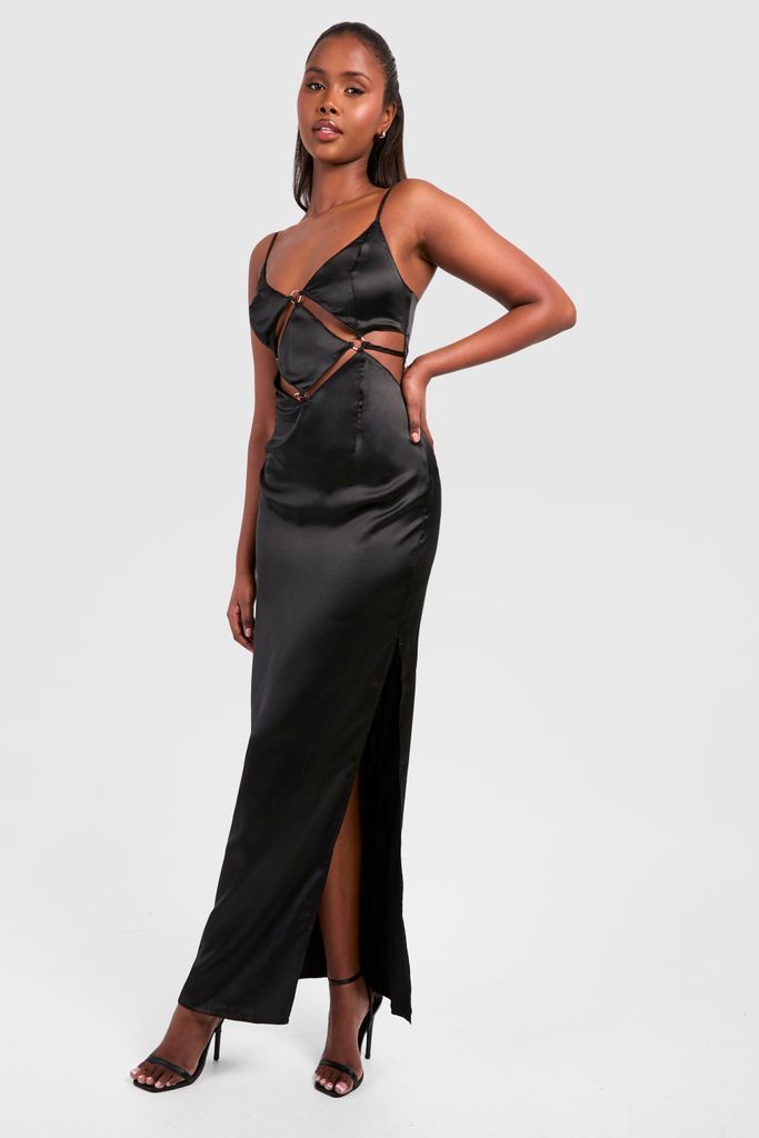Womens Satin Strappy Cut Cut Out Maxi Slip Dress - Black - 8, Black