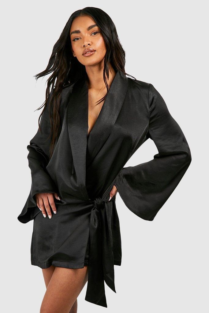Womens Satin Wrap Shirt Dress - Black - 8, Black