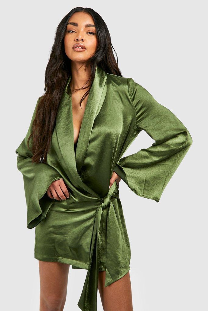 Womens Satin Wrap Shirt Dress - Green - 8, Green