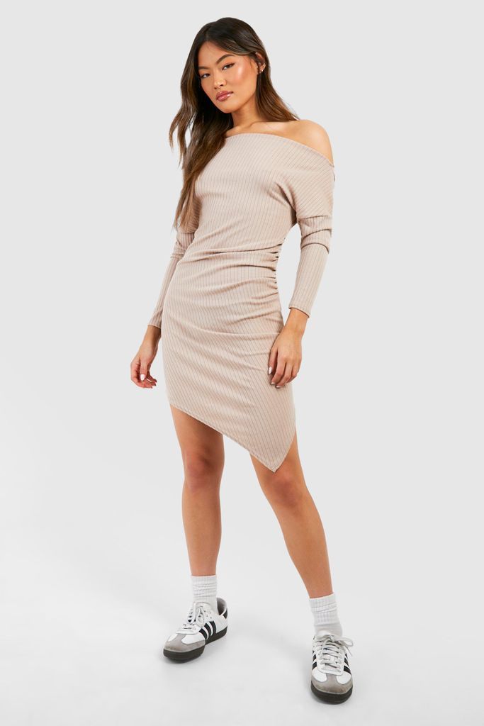 Womens Slash Neck Soft Rib Assymetric Mini Dress - Beige - 8, Beige