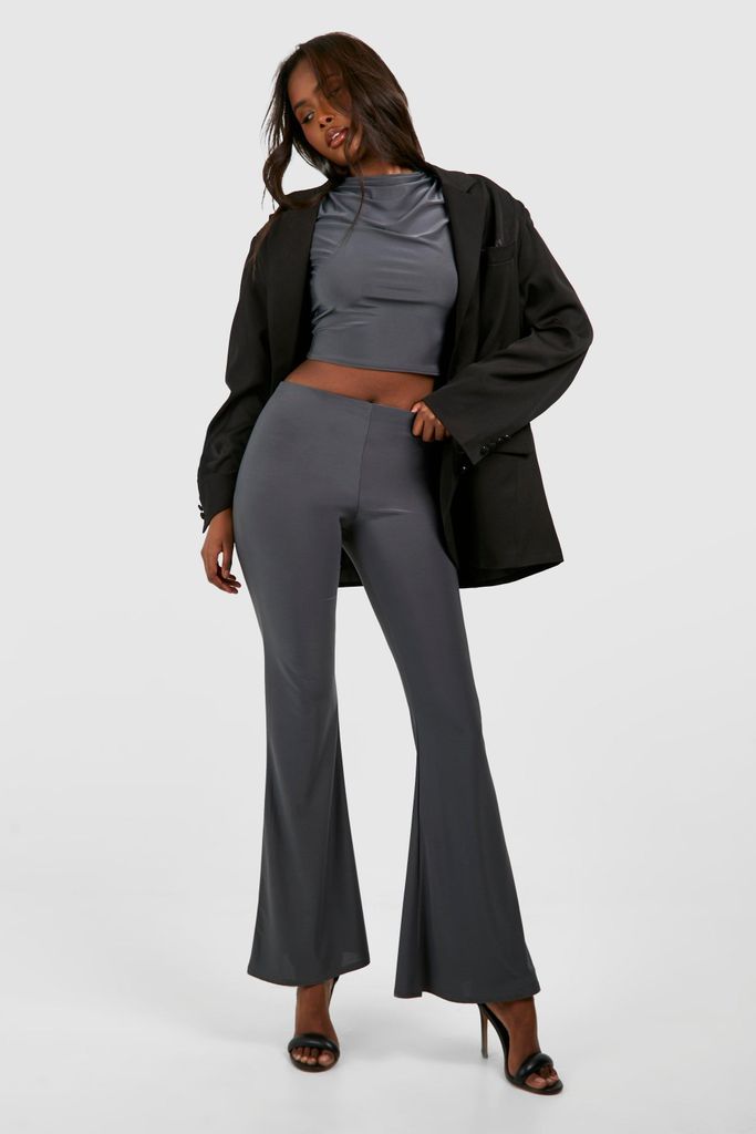 Womens Slinky Short Sleeve Top & Flared Trouser - Grey - 6, Grey