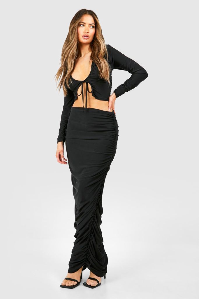 Womens Slinky Tie Front Ruched Long Sleeve Top & Midi Skirt - Black - 4, Black