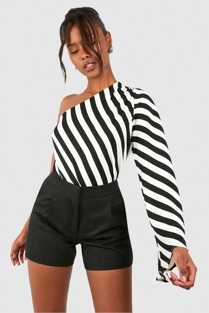 Womens Stripe Asymmetric One Shoulder Satin Blouse - Black - 6, Black