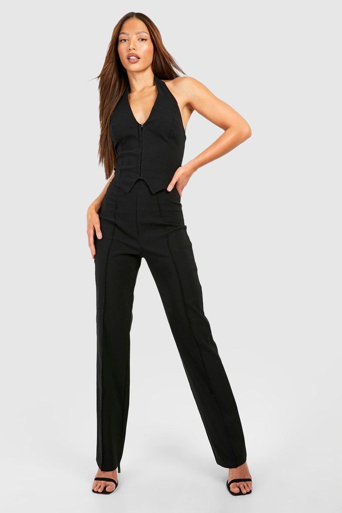 Womens Tall Halterneck Seam Detail Top & Straight Leg Trouser Set - Black - 8, Black