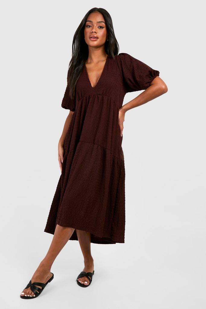 Womens Textured Puff Sleeve Tie Back Short Sleeve Midi Dress - Brown - 8, Brown
