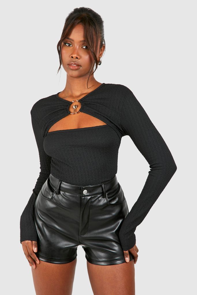 Womens Textured Ring Detail Cut Out Long Sleeve Top - Black - 6, Black
