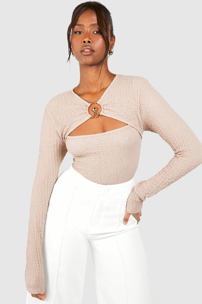 Womens Textured Ring Detail Cut Out Long Sleeve Top - Beige - 6, Beige