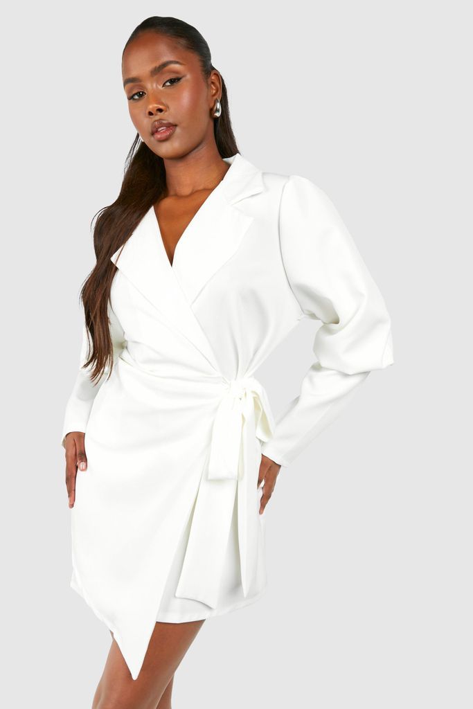 Womens Volume Sleeve Tie Waist Blazer Dress - White - 6, White
