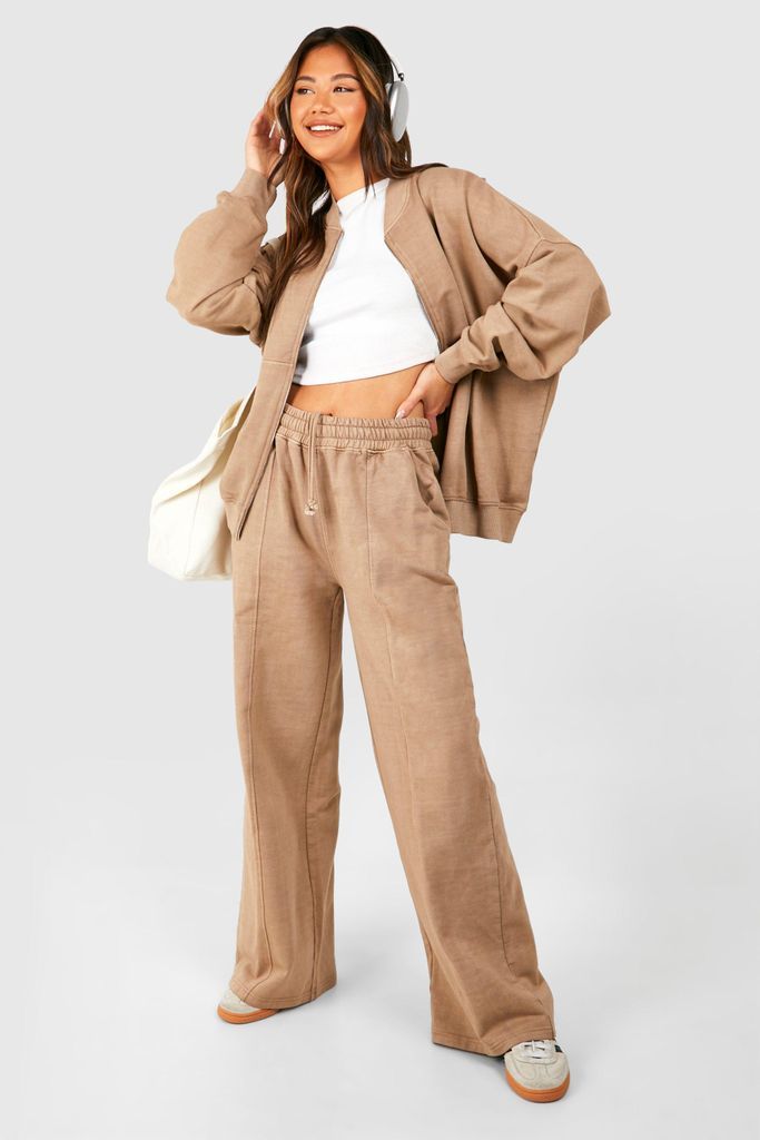 Womens Washed Zip Through Bomber Straight Leg Tracksuit - Beige - S, Beige