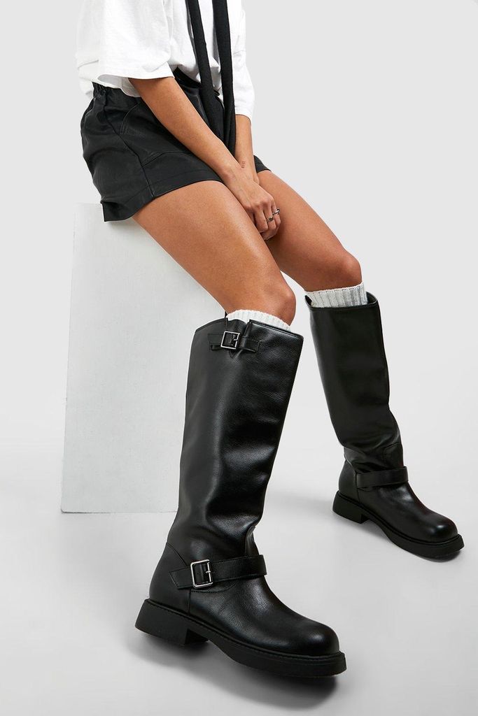 Womens Wide Fit Double Buckle Chunky Knee High Biker Boots - Black - 3, Black