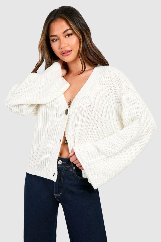 Womens Wide Sleeve Fisherman Knit Button Through Cardigan - White - S, White