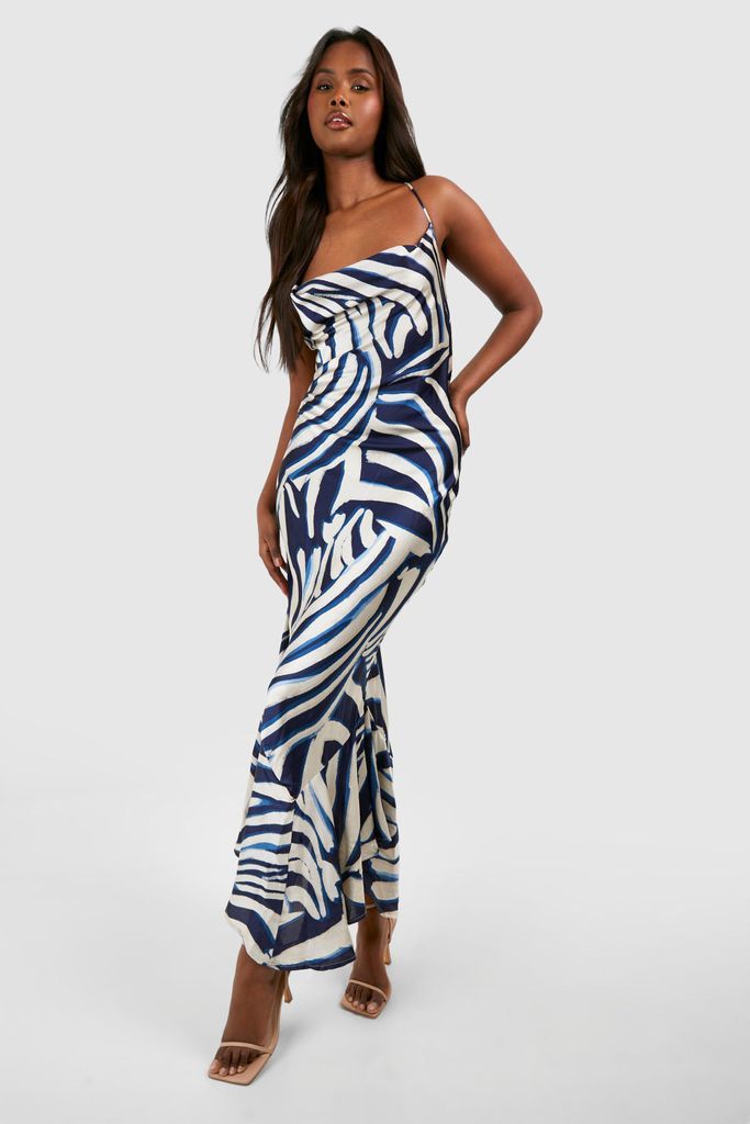 Womens Zebra Cowl Back Asymmetric Maxi Dress - Navy - 8, Navy