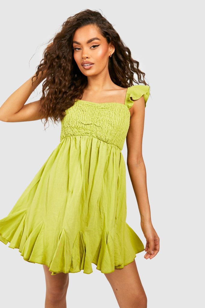 Womens Linen Shirred Ruffle Skater Dress - Green - 8, Green