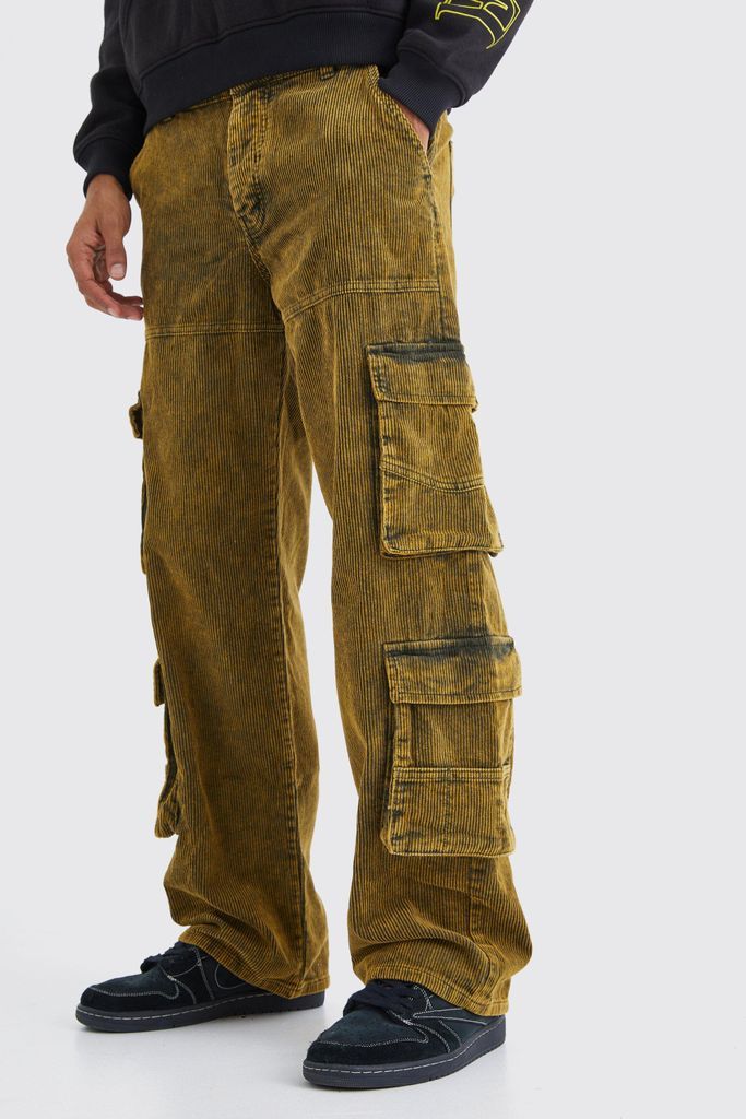 Men's Baggy Multi Pocket Acid Wash Corduroy Cargo Trouser - Green - 28R, Green