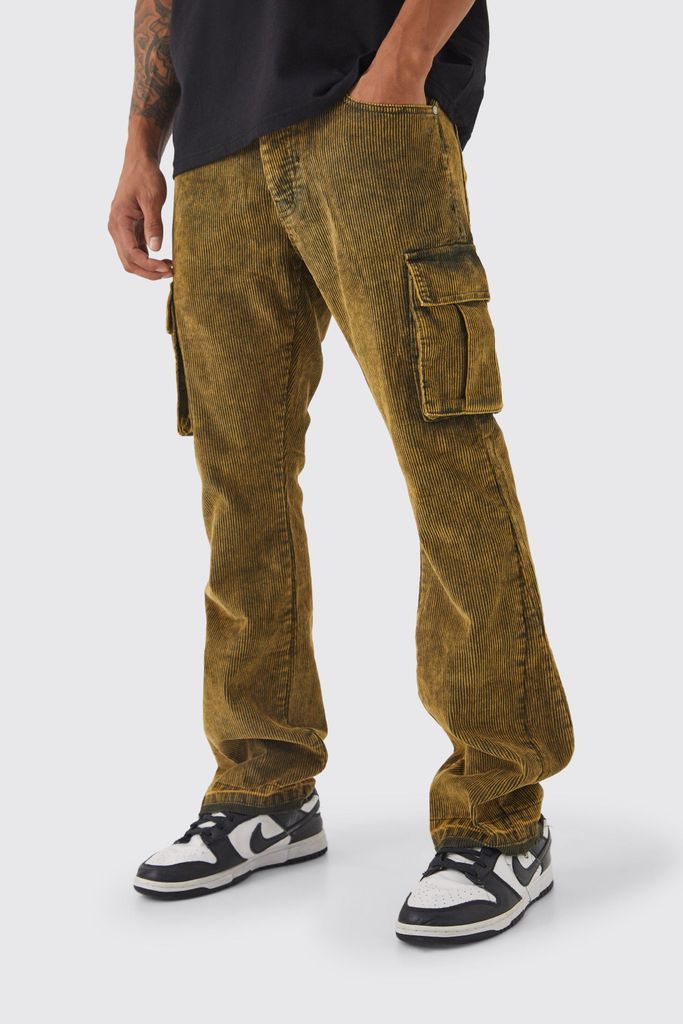 Men's Slim Flare Acid Wash Cargo Corduroy Trouser - Green - 28R, Green