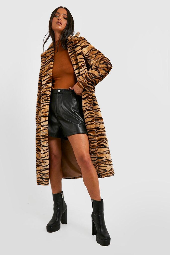 Womens Petite Tiger Faux Fur Longline Coat - Beige - 8, Beige