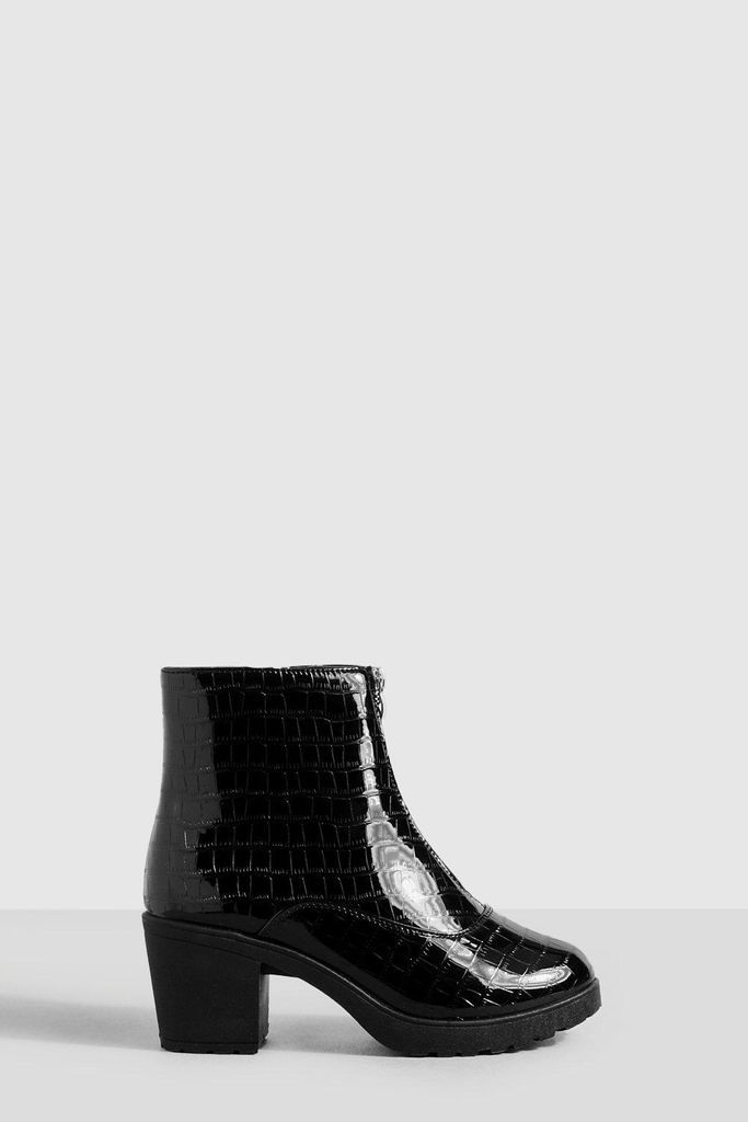 Womens Croc Zip Front Ankle Boots - Black - 4, Black