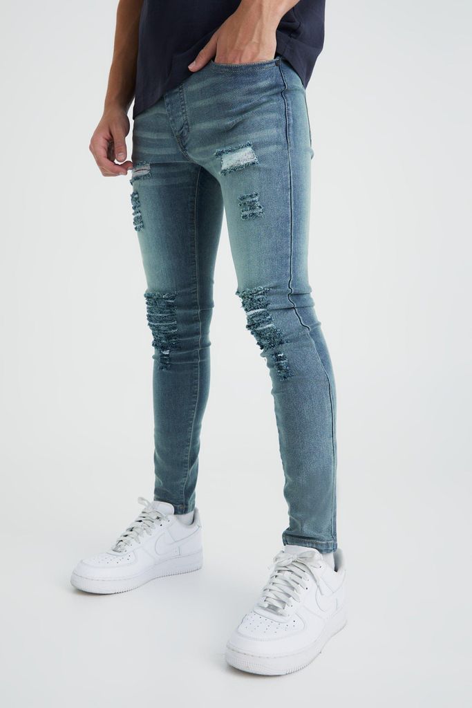 Men's Super Skinny Jeans With All Over Rips - Blue - 30R, Blue