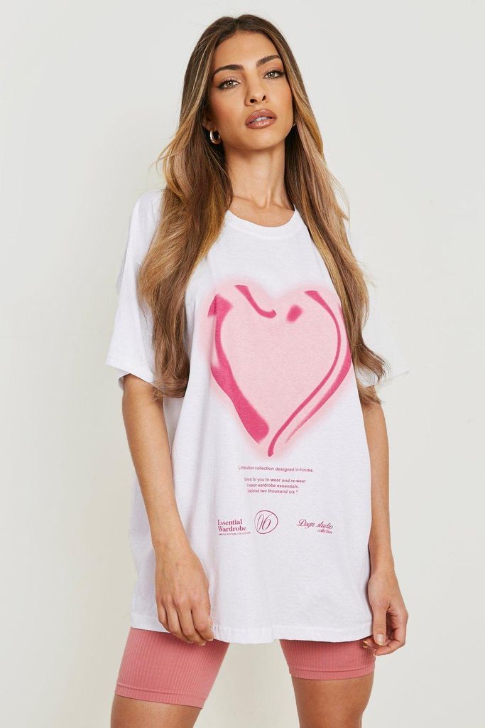 Womens Heart Print Oversized T-Shirt - White - L, White