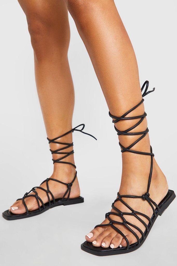 Womens Caged Skinny Gladiator Tie Up Flat Sandals - Black - 5, Black