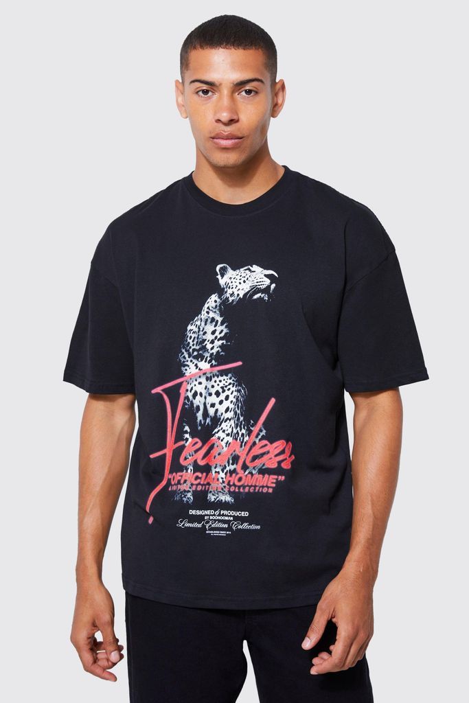 Men's Oversized Be Fearless Jaguar Print T-Shirt - Black - M, Black