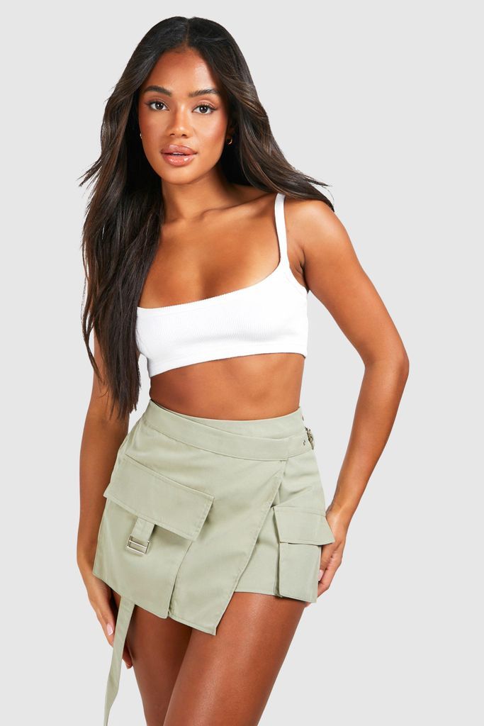 Womens Asymmetric Hem Cargo Mini Skirt - Green - 6, Green