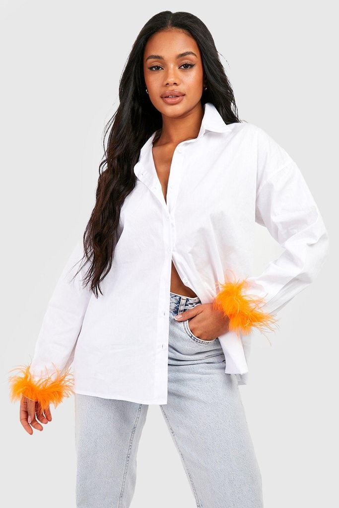 Womens Cotton Poplin Oversized Feather Cuff Shirt - Orange - 6, Orange
