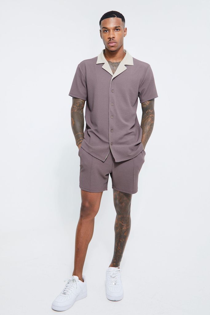 Men's Short Sleeve Textured Jersey Shirt And Short - Brown - M, Brown
