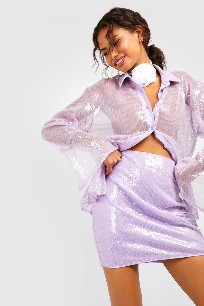 Womens Pastel Sequin Sheer Deep Cuff Shirt - Purple - 14, Purple