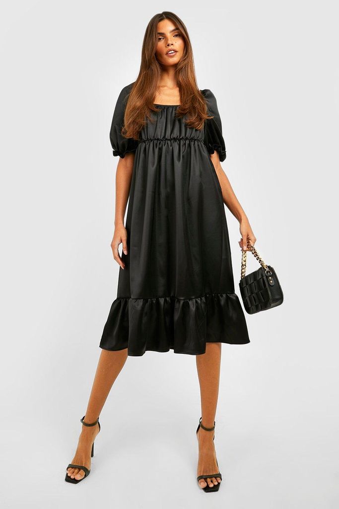 Womens Satin Puff Sleeve Frill Hem Midi Dress - Black - 10, Black