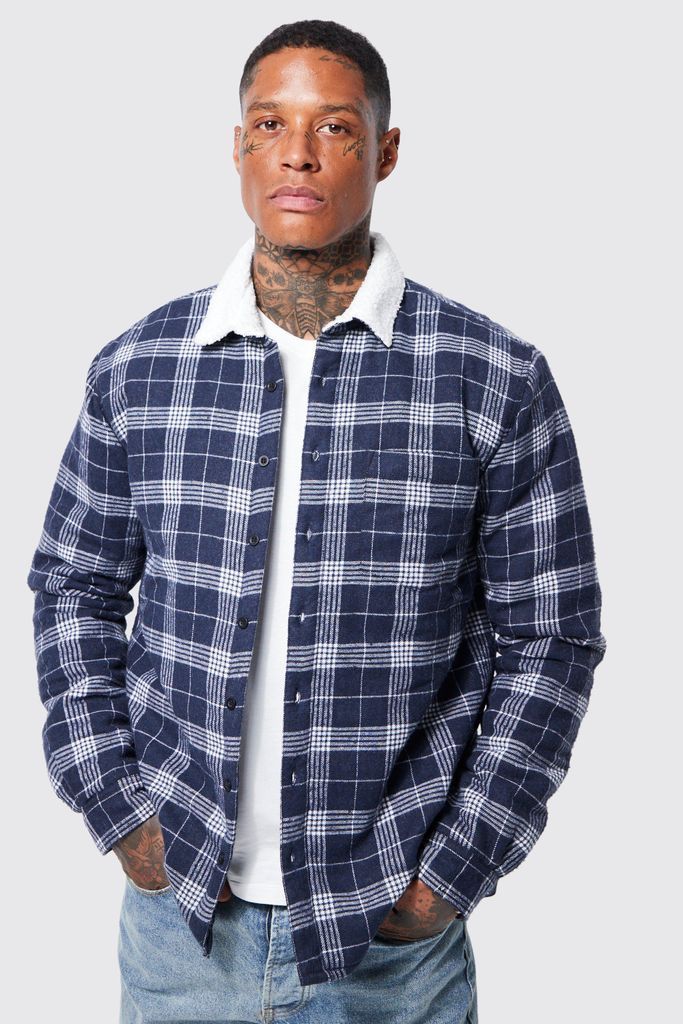 Men's Quilted Check Overshirt With Borg Collar - Navy - M, Navy