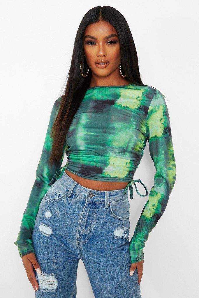 Womens Tie Dye Ruched Side Long Sleeve Crop Top - Green - 10, Green