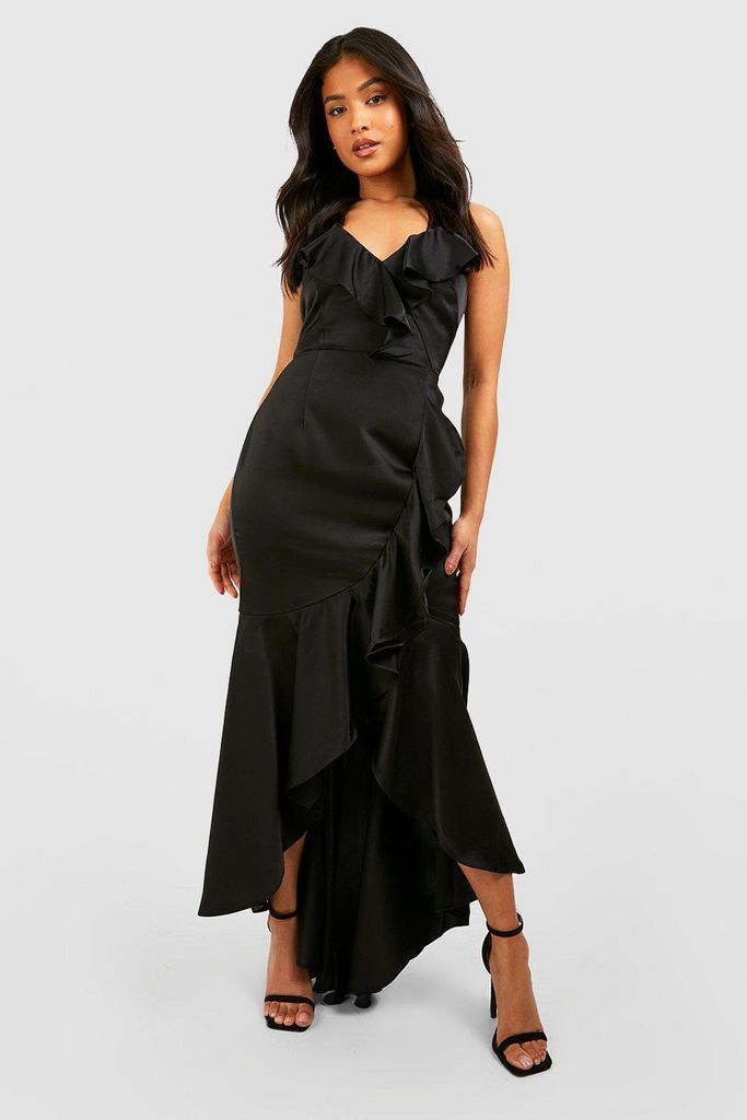 Womens Petite Premium Satin Ruffle Detail Maxi Dress - Black - 8, Black