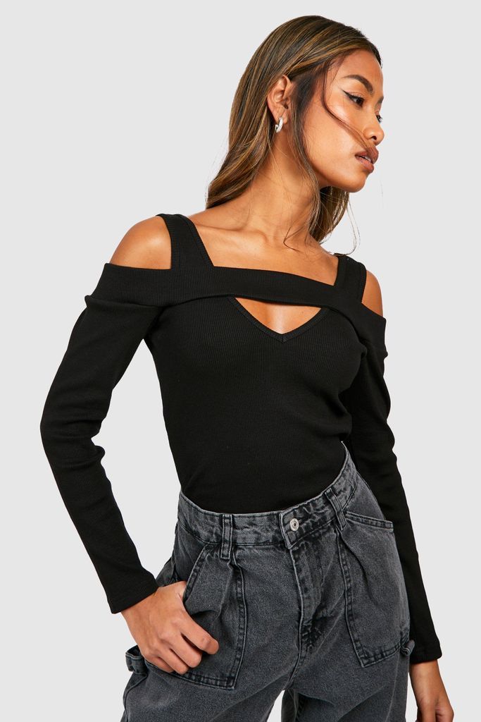 Womens Cut Out Cold Shoulder Ribbed Top - Black - 10, Black