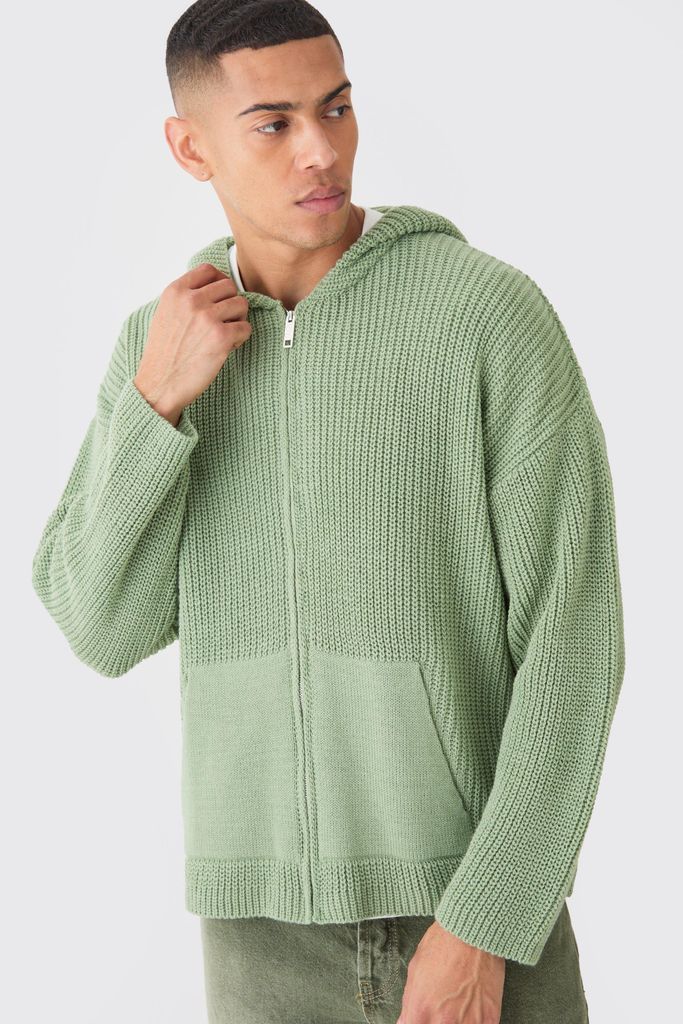 Men's Boxy Ribbed Knitted Zip Through Hoodie - Green - Xl, Green