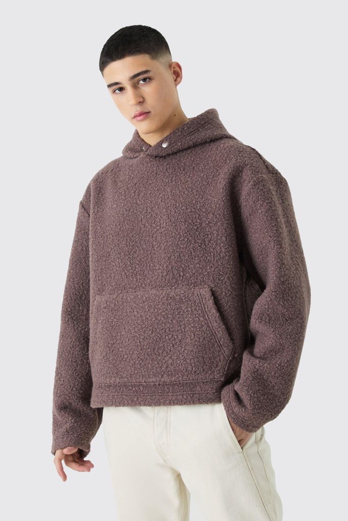 Men's Oversized Boxy Boucle Borg Hoodie - Brown - S, Brown