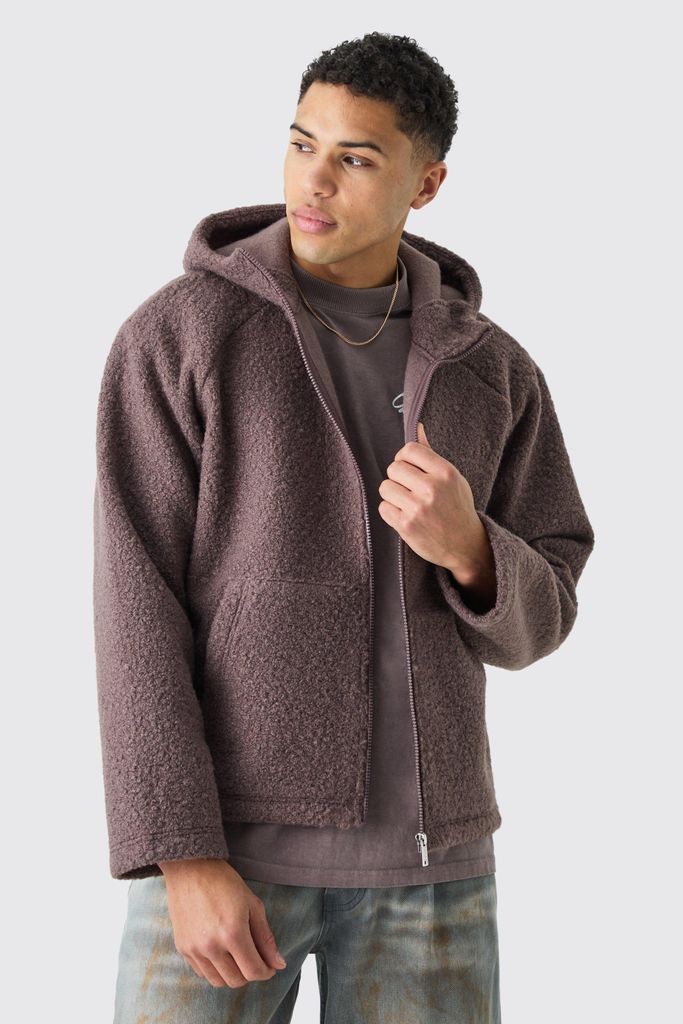 Men's Oversized Boxy Boucle Borg Zip Thru Hoodie - Brown - S, Brown