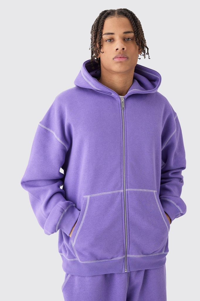 Men's Oversized Contrast Stitch Zip Through Hoodie - Purple - S, Purple