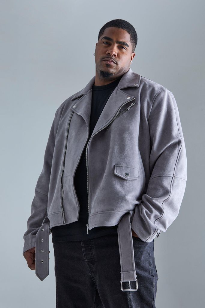 Men's Plus Faux Suede Belted Biker Jacket - Grey - Xxxl, Grey