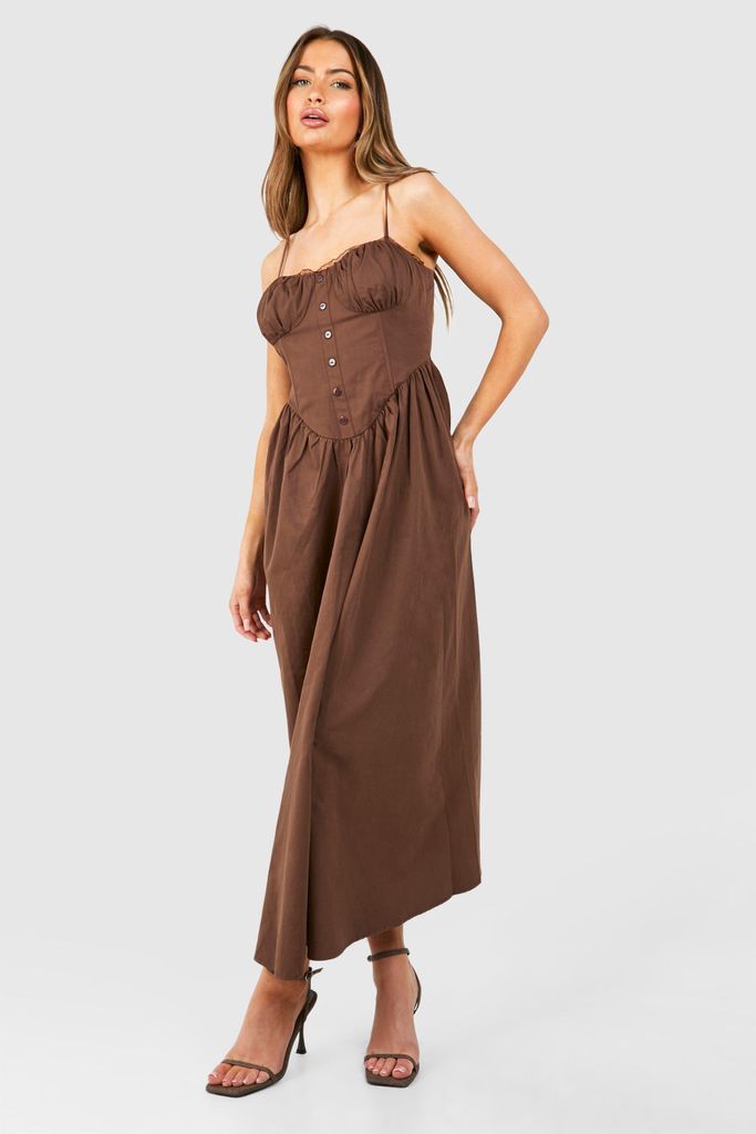 Womens Cotton Midaxi Milkmaid Dress - Brown - 8, Brown