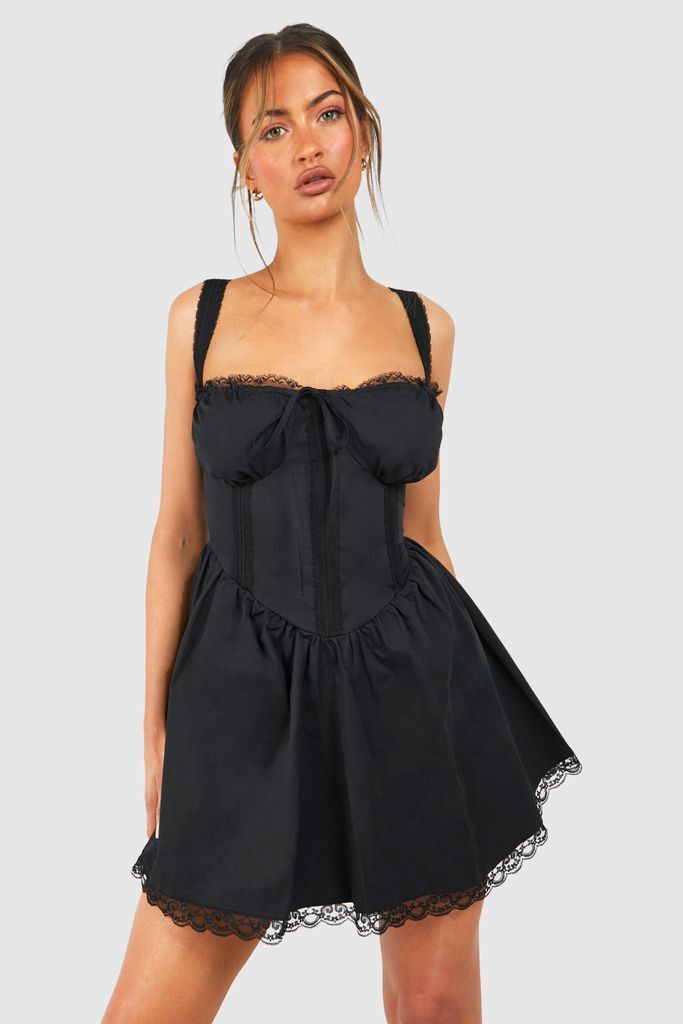 Womens Cotton Strappy Milkmaid Mini Dress - Black - 8, Black