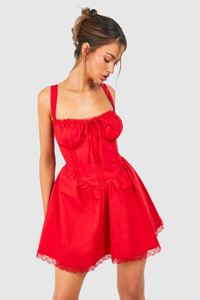 Womens Cotton Strappy Milkmaid Mini Dress - Red - 8, Red