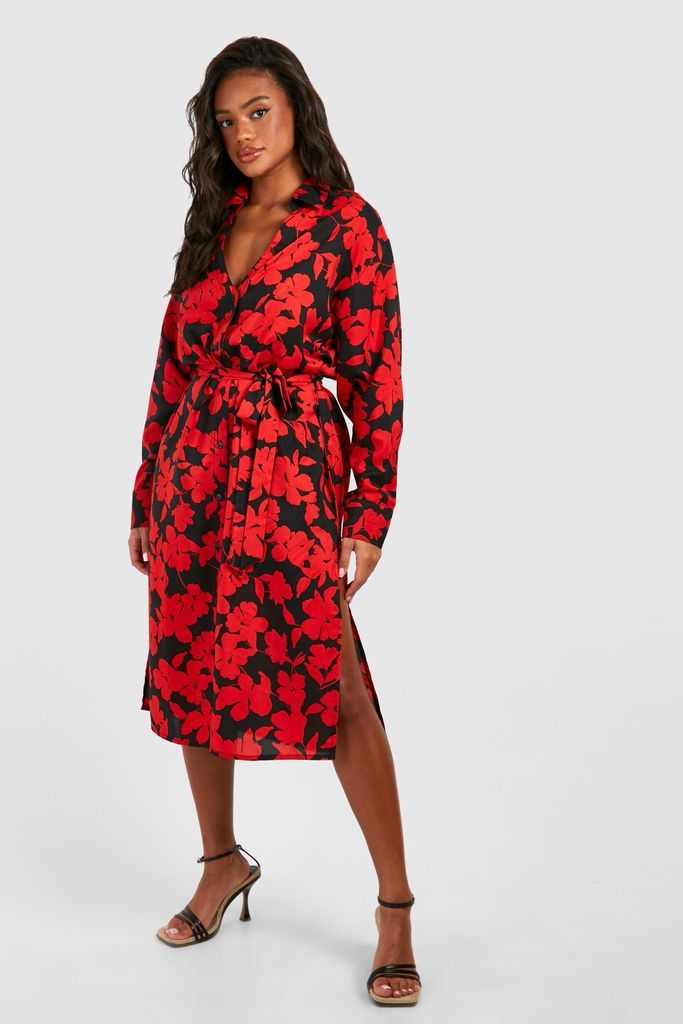 Womens Floral Midaxi Shirt Dress - Red - 8, Red
