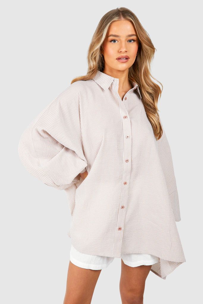 Womens Oversized Volume Sleeve Striped Seersucker Shirt - Beige - 8, Beige